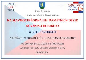 Slavnostní odhalení pamětních desek ke vzniku republiky a 30 let svobody